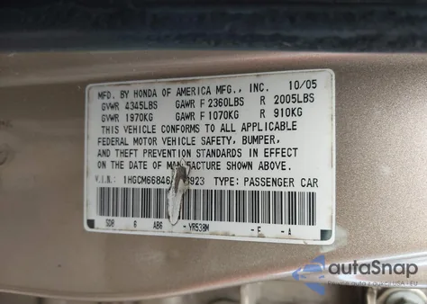 2006 Honda Accord 3.0 Ex z USA, uszkodzony, nr VIN 1HGCM66846A013923